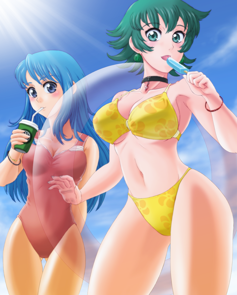 bikini, blue_eyes, blue_hair, choker, drink, green_eyes, green_hair, innertube