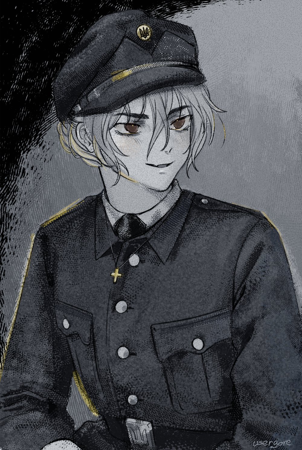 1girl, androgynous, artist_name, belt, brown_eyes, coat, commentary, cross
