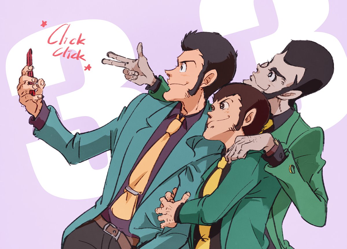 1boy, arm_hug, arsene_lupin_iii, belt, black_eyes, black_pants, black_shirt, bright_pupils