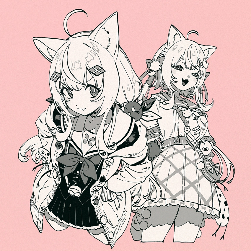 1girl, ahoge, animal_ears, animal_hair_ornament, bow, bow_print, buttons, cardigan