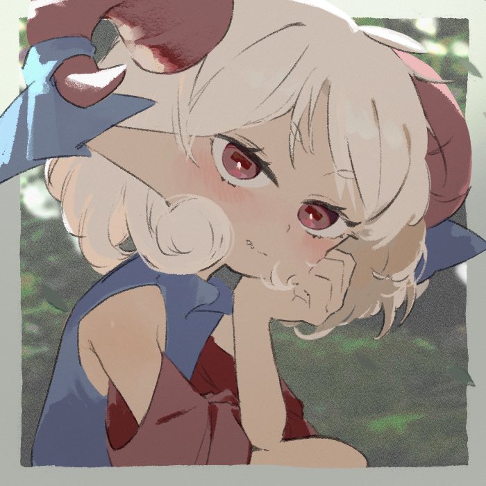 1girl, arolayukomori, blue_dress, blush, closed_mouth, commentary_request, curled_horns, curly_hair