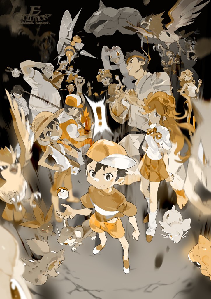 3girls, 6+boys, artist_name, beauty_(pokemon), beedrill, bird, black_belt_(pokemon), blurry