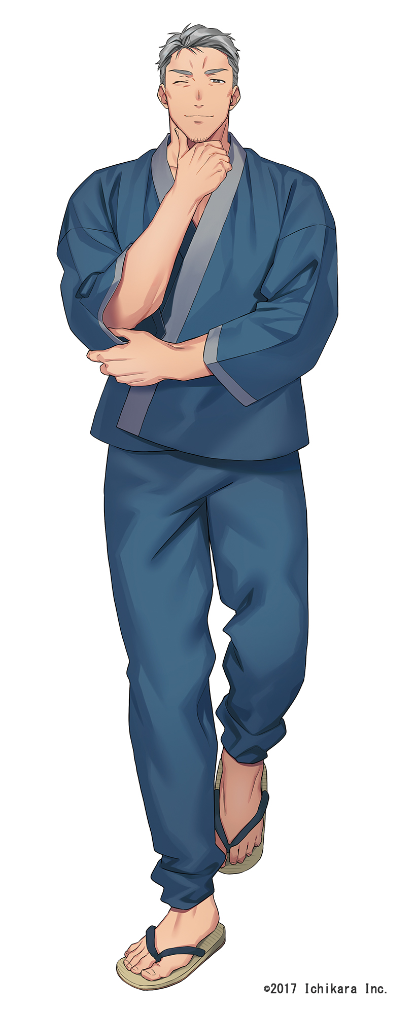 1boy, blue_pants, brown_footwear, copyright_name, full_body, grey_eyes, grey_hair, hand_on_own_chin, highres, japanese_clothes, long_sleeves, looking_at_viewer, maimoto_keisuke, maimoto_keisuke_(1st_costume), male_focus, nijisanji, official_art, otototo, pants, sandals, second-party_source, simple_background, solo, tachi-e, virtual_youtuber, white_background