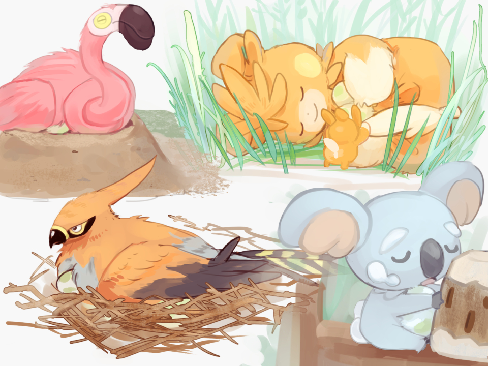 bird, bird_nest, closed_eyes, commentary_request, egg, flamigo, grass, komala