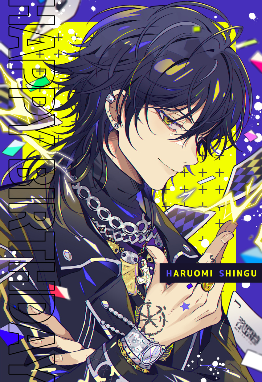 1boy, absurdres, black_jacket, black_shirt, blonde_hair, blue_background, blue_hair, character_name, closed_mouth, earrings, facing_to_the_side, gennkai_para, highres, jacket, jewelry, looking_at_viewer, male_focus, multicolored_background, multicolored_hair, multiple_earrings, paradox_live, shingu_haruomi, shirt, short_hair, smile, solo, turtleneck, watch, watch, yellow_background
