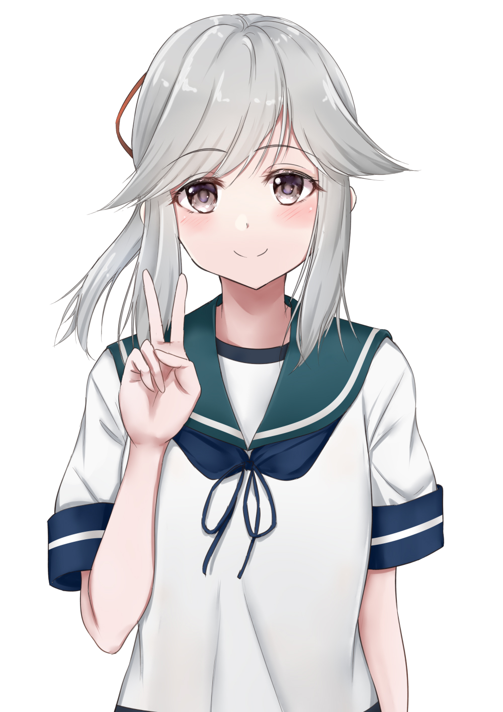 1girl, blush, brown_eyes, closed_mouth, green_sailor_collar, grey_hair, hair_ribbon, highres