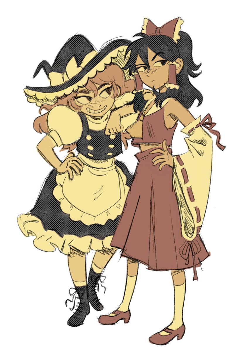 2girls, apron, armpit_peek, ascot, black_footwear, black_hair, black_headwear, black_skirt