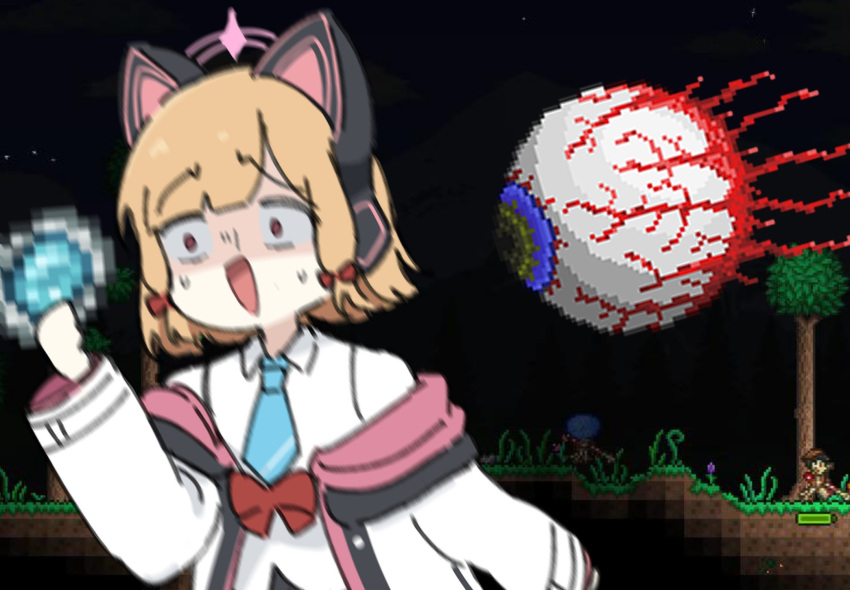 1girl, animal_ear_headphones, animal_ears, blonde_hair, blue_archive, bow, cat_ear_headphones, eye_of_cthulhu