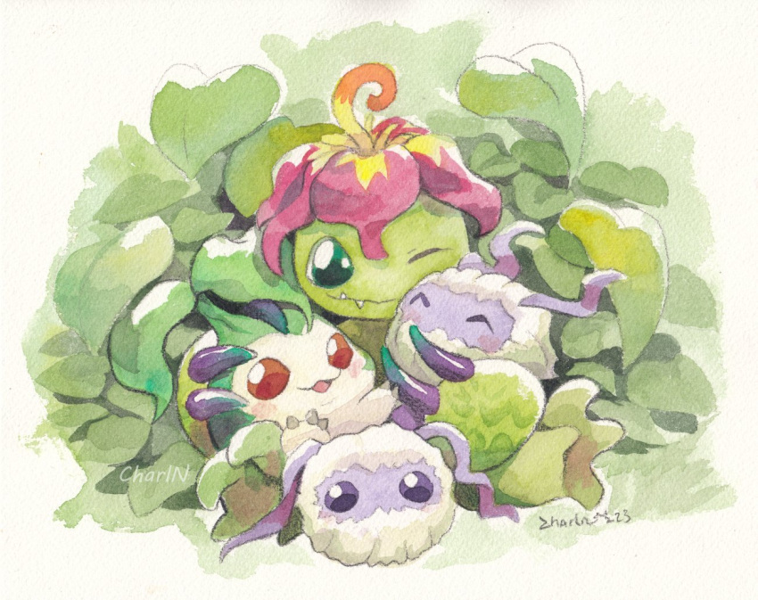 4others, artist_name, chibicheu, closed_eyes, digimon, digimon_(creature), evolutionary_line, flower