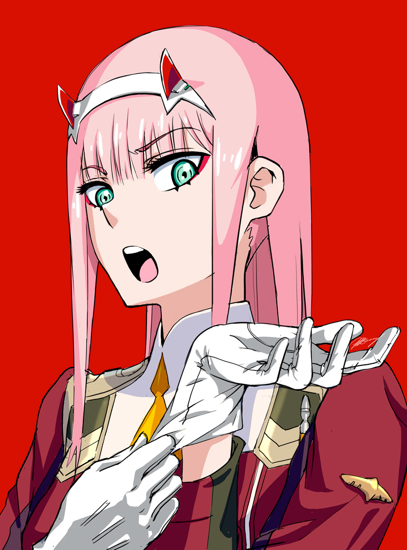1girl, albyee, blue_eyes, darling_in_the_franxx, gloves, hairband, horns, jacket