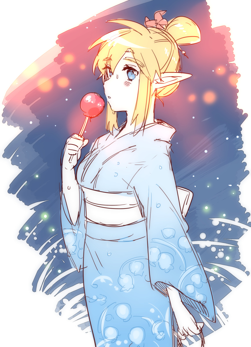 1girl, alternate_hairstyle, blue_kimono, blush, candy_apple, cowboy_shot, flower, food, from_side, genderswap, genderswap_(mtf), hair_flower, hair_knot, hair_ornament, highres, holding, holding_food, japanese_clothes, kimono, link, long_sleeves, night, obi, red_flower, sash, solo, the_legend_of_zelda, the_legend_of_zelda:_tears_of_the_kingdom, ttanuu., white_background, wide_sleeves