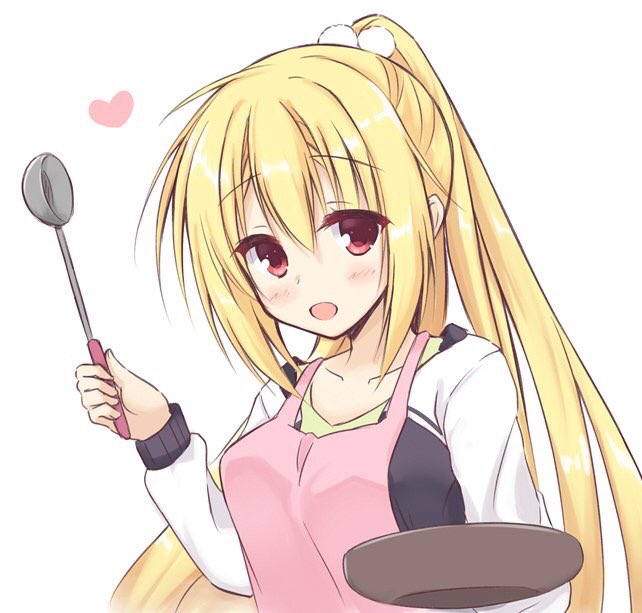 1girl, apron, arihara_nanami, blonde_hair, blush, breasts, cardigan, casual, collarbone, commentary, eyelashes, eyes_visible_through_hair, frying_pan, hair_between_eyes, heart, holding, holding_frying_pan, holding_ladle, igarashi_kenji, ladle, large_breasts, long_hair, looking_at_viewer, open_mouth, pink_apron, pom_pom_(clothes), ponytail, red_eyes, riddle_joker, simple_background, smile, solo, straight_hair, upper_body, very_long_hair, white_background, white_cardigan
