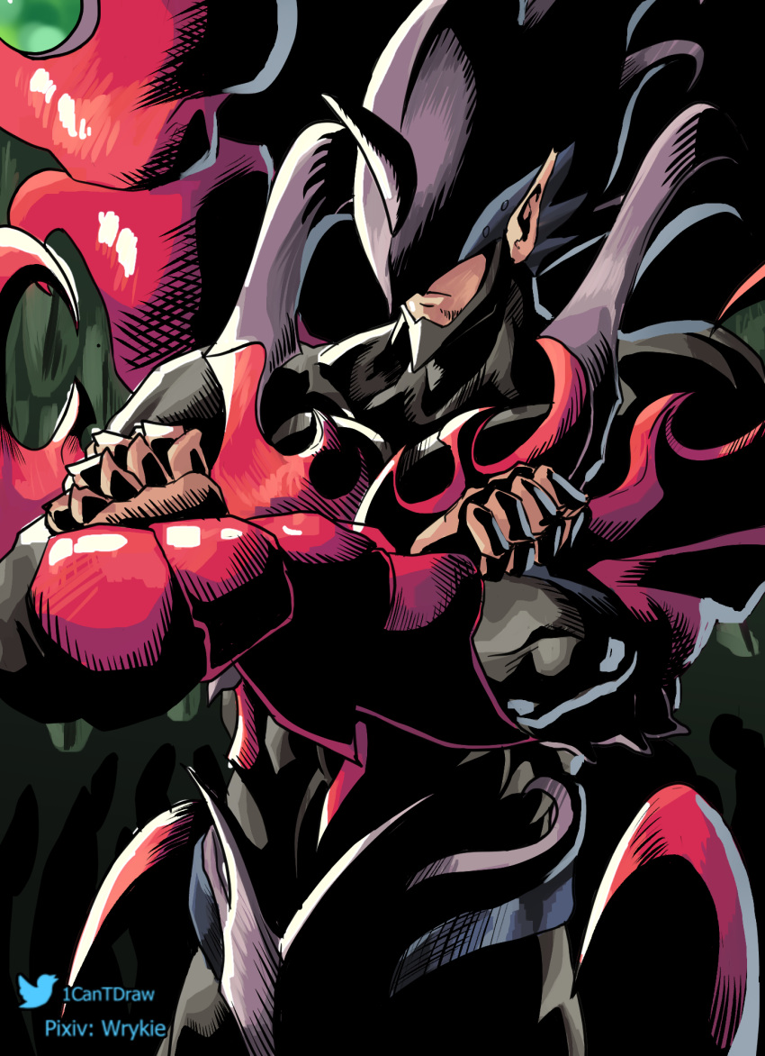 1boy, clenched_hand, cowboy_shot, crossed_arms, destiny_hero_-_destroyer_phoenix_enforcer, duel_monster, highres, horns