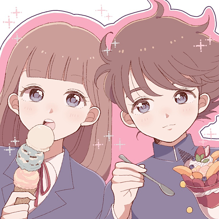 1boy, 1girl, :o, babel_ii, bad_id, bad_pixiv_id, brown_hair, eating