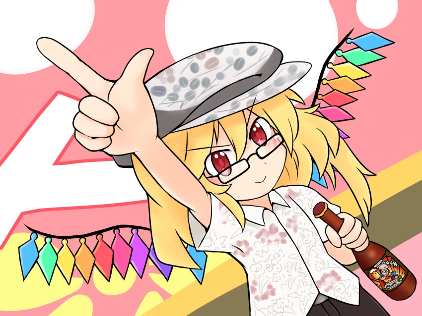 >:), 1girl, 216, alcohol, beer, beer_bottle, beer_mug, black-framed_eyewear