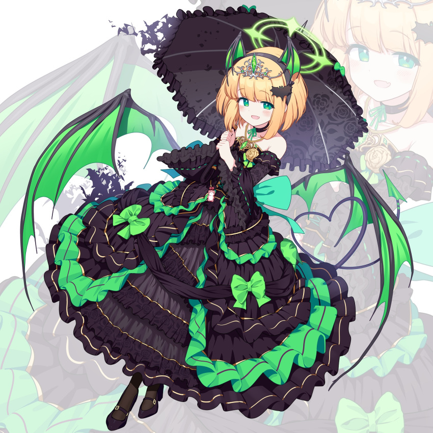 1girl, alternate_costume, bare_shoulders, bat_hair_ornament, black_choker, black_dress, black_footwear, black_pantyhose