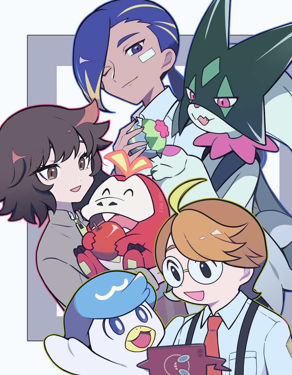 1girl, 2boys, ;), ahoge, aliquis_(pokemon), blue_eyes, blue_hair, breast_pocket