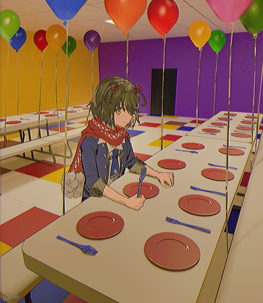 1boy, absurdres, bench, blue_coat, blue_necktie, brown_hair, closed_mouth, coat, expressionless, fork, highres, holding, holding_fork, indoors, kome_non, liminal_space, long_sleeves, male_focus, mashiro_(nijisanji), necktie, nijisanji, on_bench, otoko_no_ko, plate, red_scarf, scarf, short_hair, sitting_on_bench, solo, table, upper_body, virtual_youtuber, yellow_eyes