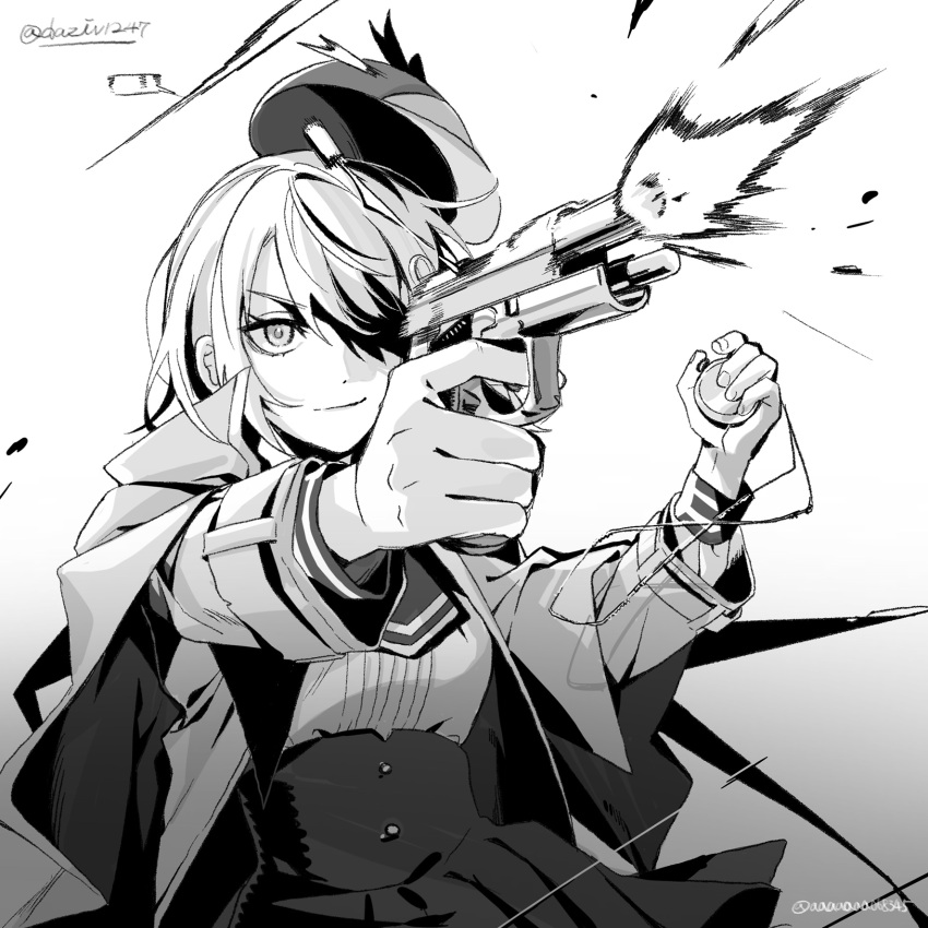 1girl, crow_(aaaaaaa068345), deerstalker, firing, greyscale, gun, hair_ornament, handgun