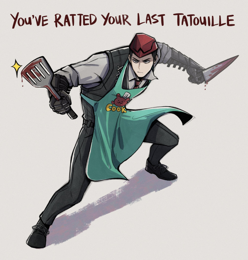 1boy, 4indroid, apron, belt, black_footwear, black_hair, black_vest, blood