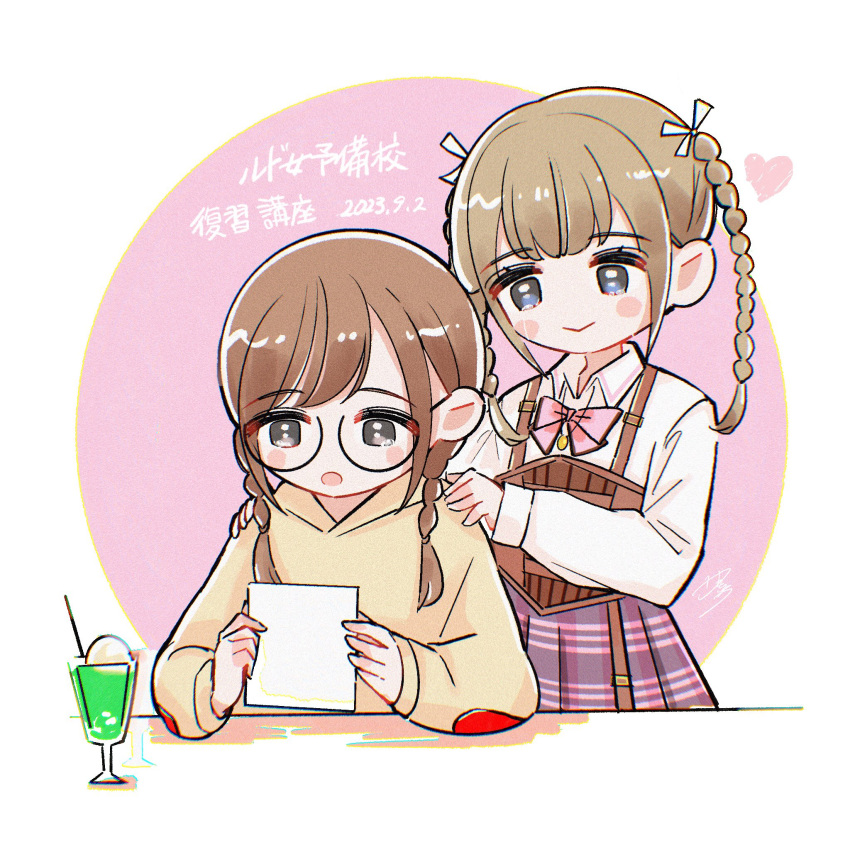 2girls, :>, arms_on_table, artist_name, assault_lily, behind_another, black-framed_eyewear, blush