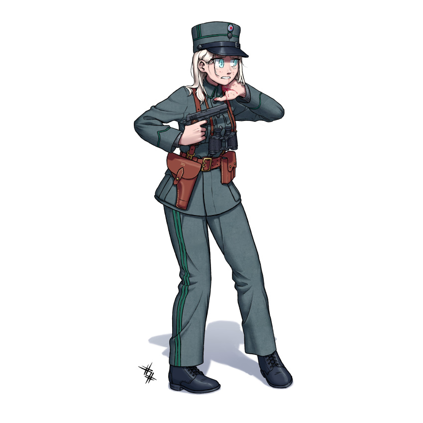 1girl, absurdres, ammunition_pouch, belt, black_footwear, bleeding, blonde_hair, blood, blue_eyes, boots, finger_on_trigger, full_body, gun, hand_on_own_neck, handgun, hat, highres, holding, holding_gun, holding_weapon, long_sleeves, m1911, medium_hair, military, military_uniform, norway, norwegian_army, norwegian_uniform, original, ostwindprojekt, pants, pouch, shoelaces, shoes, simple_background, soldier, solo, uniform, weapon, white_background, world_war_ii