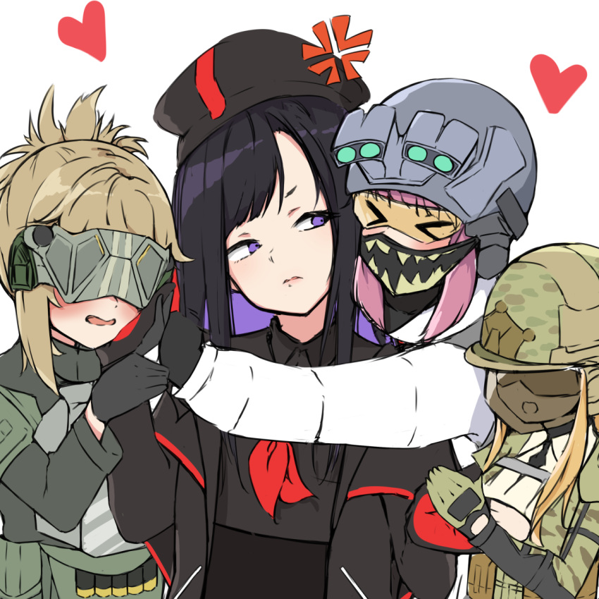 4girls, anger_vein, asymmetrical_bangs, beret, black_hair, black_headwear, black_jacket, black_serafuku, blush, closed_mouth, colored_inner_hair, eunhwa_(nikke), forehead, frown, goddess_of_victory:_nikke, hat, heart, helmet, highres, hood, hood_down, hooded_jacket, hug, jacket, long_hair, multicolored_hair, multiple_girls, neckerchief, open_mouth, product_23_(nikke), purple_hair, pushing_away, red_neckerchief, school_uniform, serafuku, soldier_eg_(nikke), soldier_fa_(nikke), urau, violet_eyes, visor_(armor)