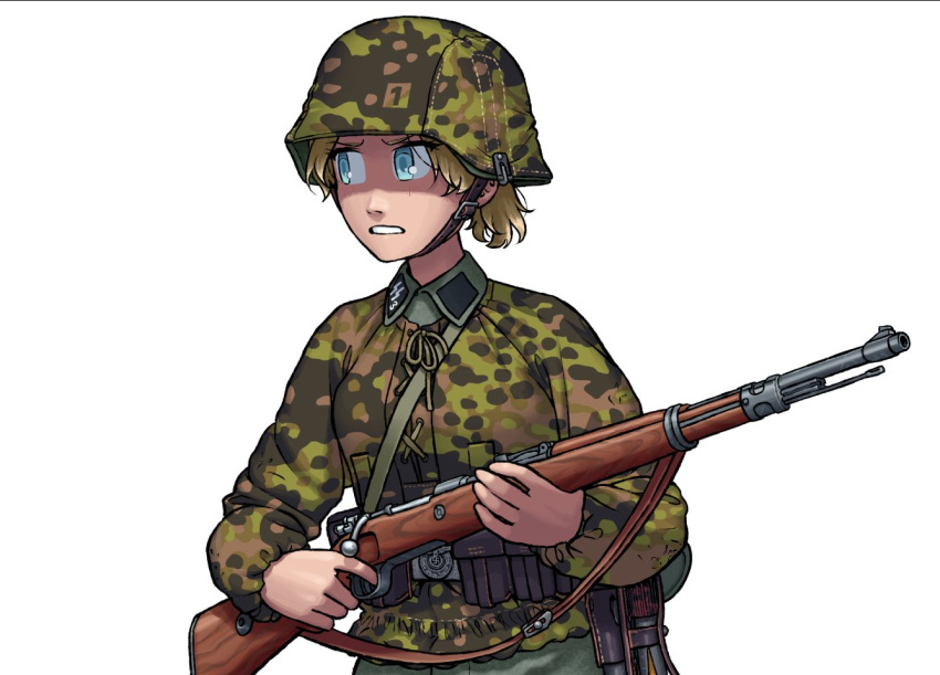 1girl, ammunition_pouch, bayonet, belt, black_footwear, blonde_hair, bolt_action, boots