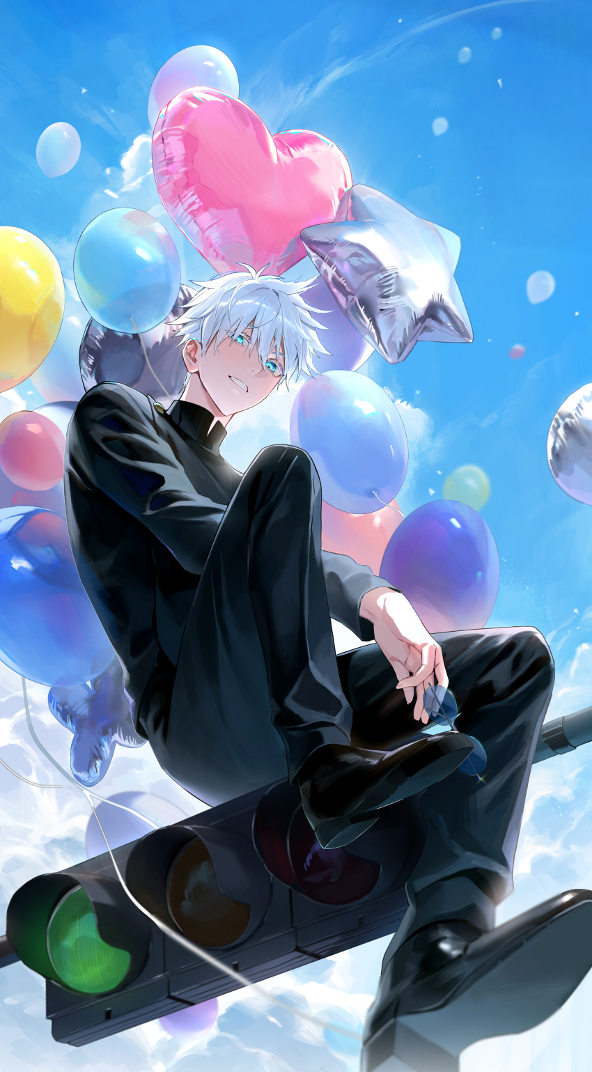 1boy, absurdres, aimitkkays, balloon, black_footwear, black_jacket, black_pants, blue_eyes