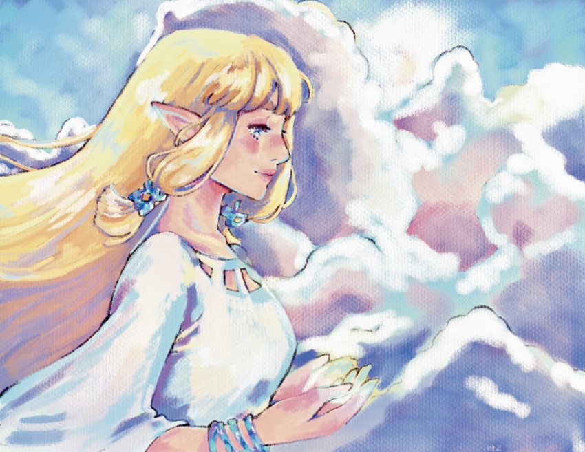 1girl, absurdres, blonde_hair, blue_bracelet, blue_eyes, blue_flower, blue_sky, blunt_bangs