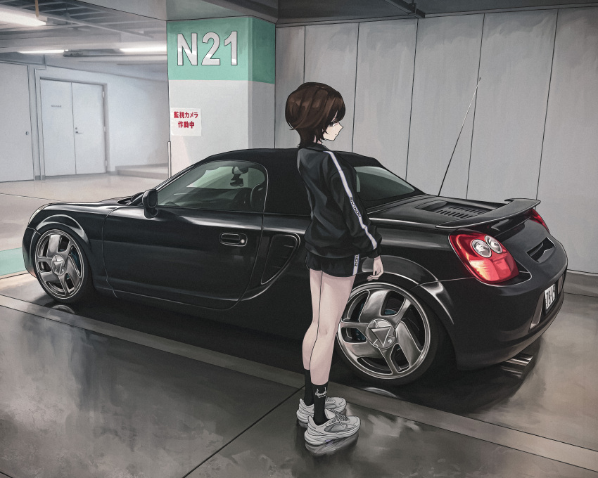 1girl, absurdres, black_car, black_jacket, black_shorts, black_socks, bokuya, brown_eyes