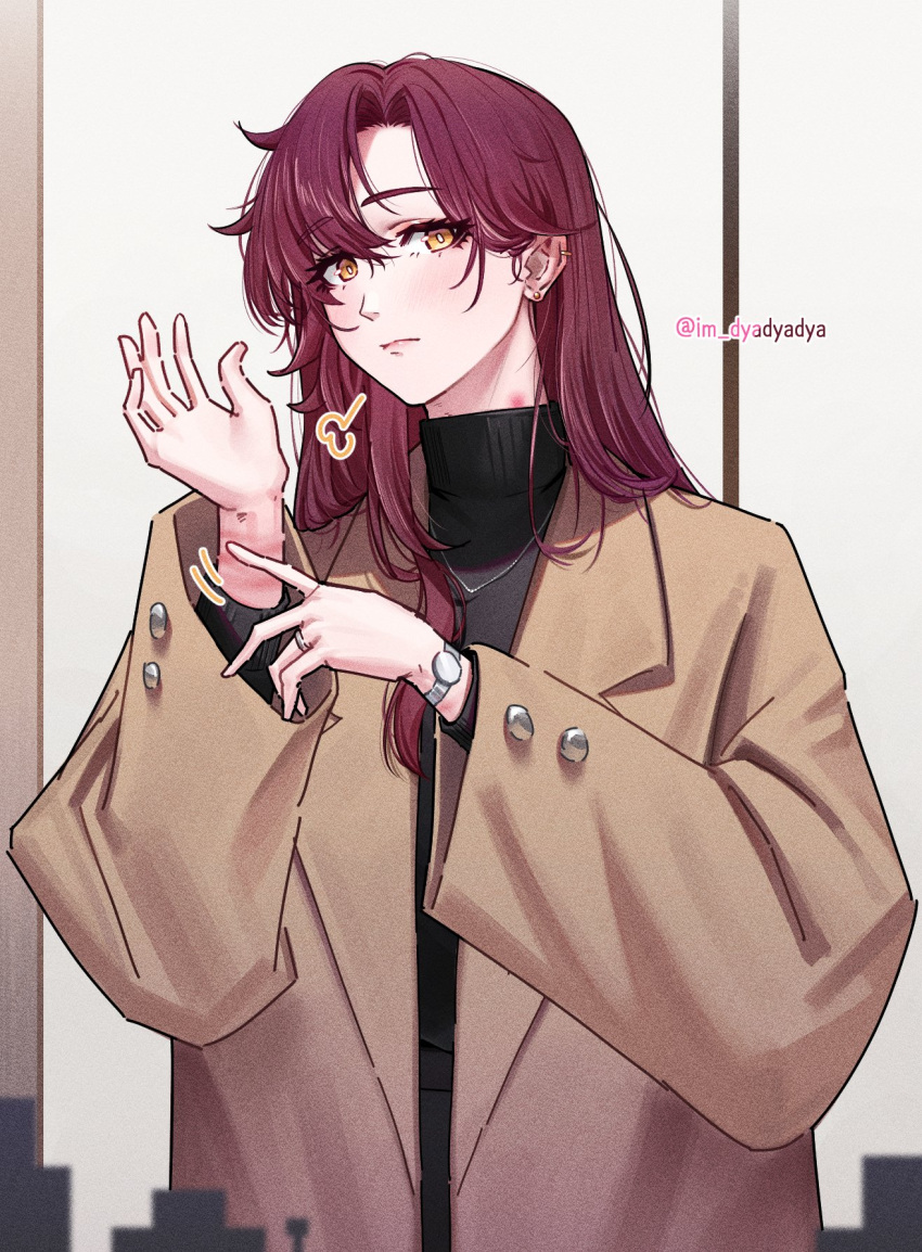 1girl, alternate_costume, black_shirt, brown_coat, brown_hair, closed_mouth, coat, dyadyadya
