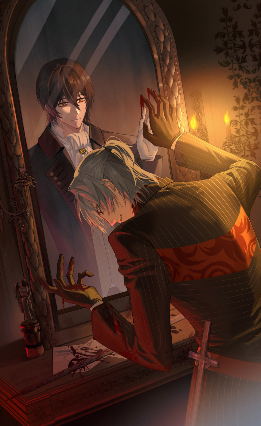 1boy, 2boys, absurdres, antonio_salieri_(fate), antonio_salieri_(first_ascension)_(fate), bishounen, blood, blood_on_hands