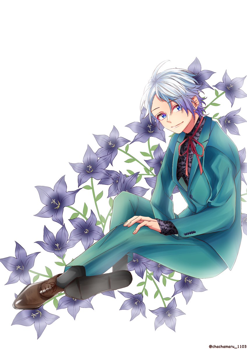 1boy, ahoge, ayase_koyuki, black_shirt, black_socks, blue_eyes, blue_flower, blue_hair