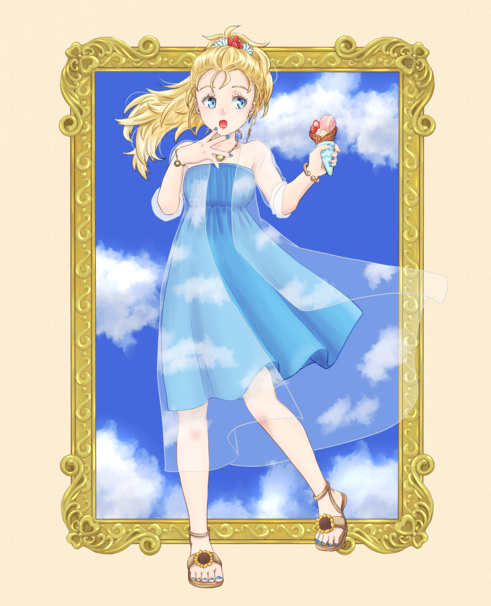 1girl, blonde_hair, blue_dress, blue_eyes, clouds, dress, feet, final_fantasy
