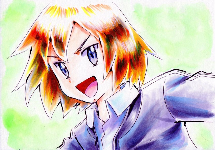1boy, commentary_request, green_background, grey_eyes, grey_jacket, highres, iwane_masaaki, jacket