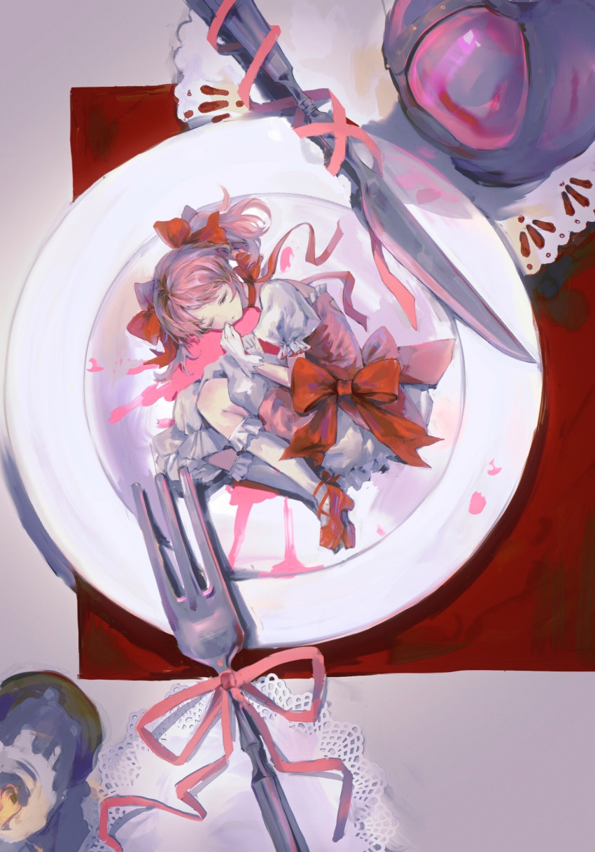 1girl, blood, blood_splatter, bow, bow_choker, bubble_skirt, chinese_commentary, choker