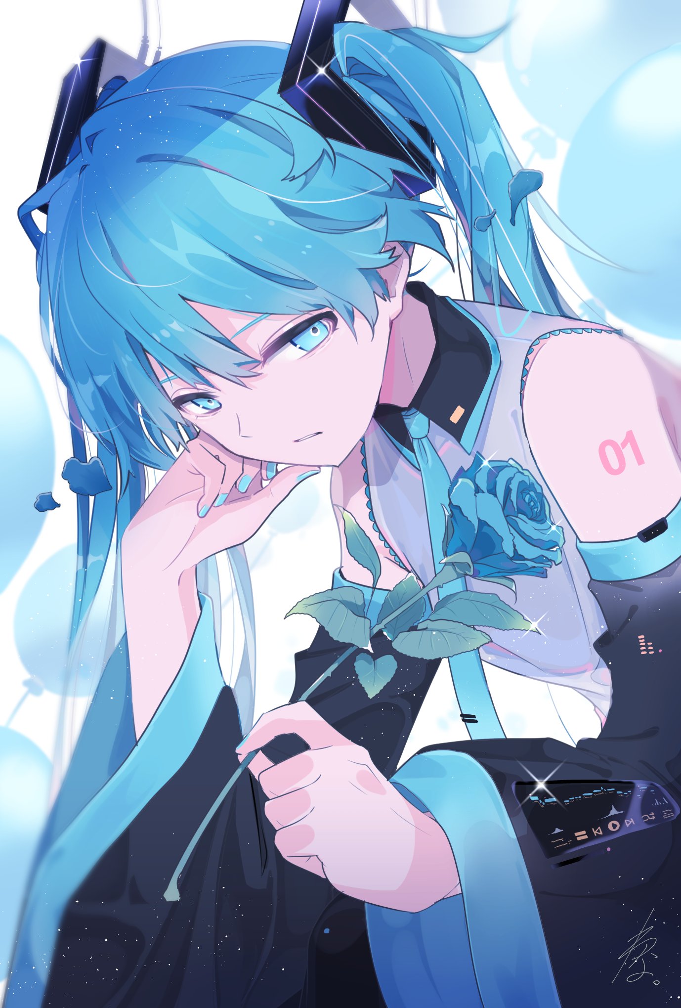 1girl, anniversary, balloon, bare_shoulders, black_sleeves, blue_eyes, blue_flower, blue_hair