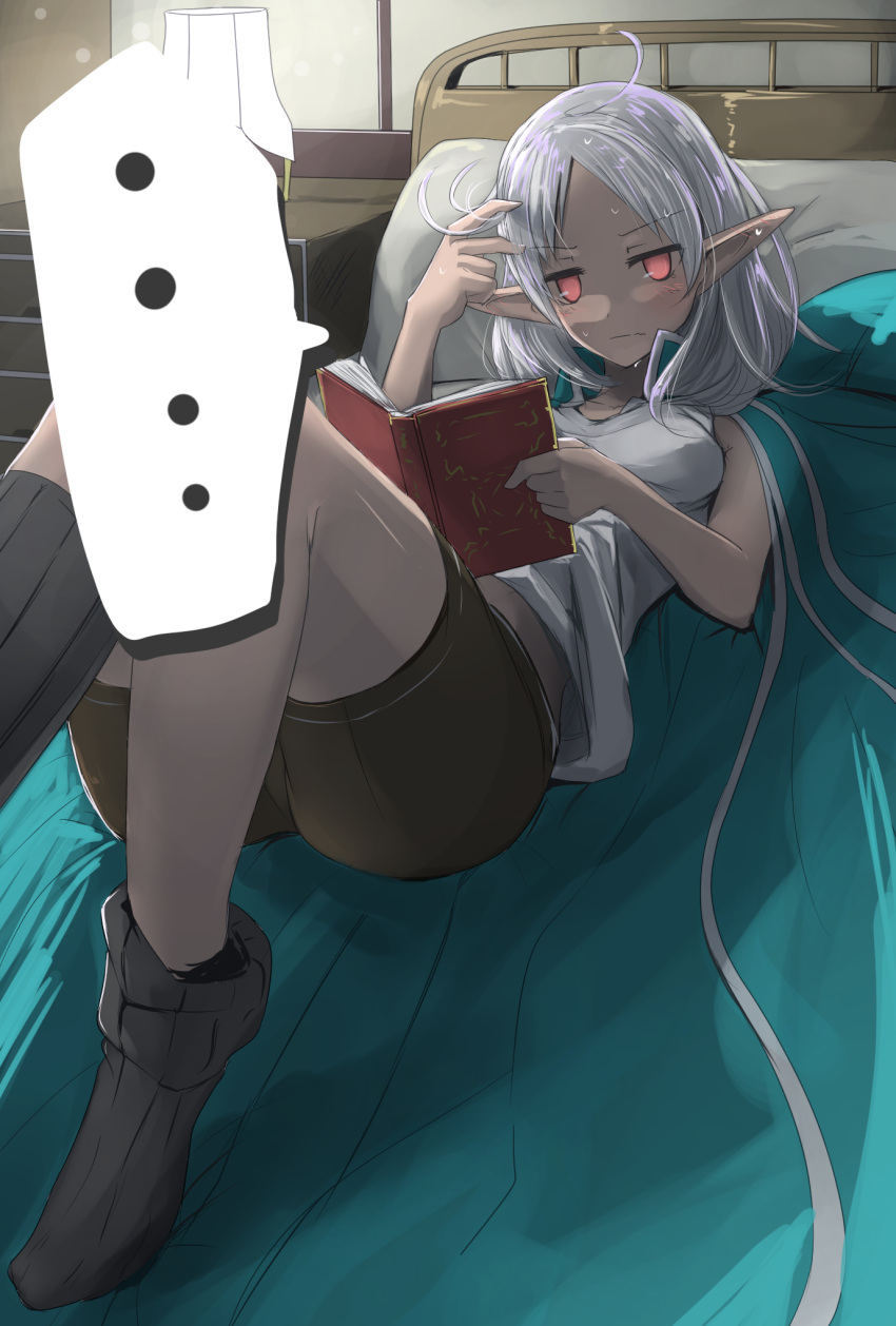 ..., 1girl, annoyed, bed, black_socks, book, brown_shorts, desk_lamp