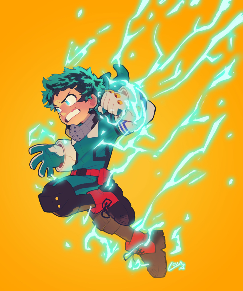 1boy, absurdres, bodysuit, boku_no_hero_academia, commentary, electricity, english_commentary, freckles, gloves, green_eyes, green_hair, highres, lougouvea, male_focus, midoriya_izuku, orange_background, short_hair, simple_background, solo, spiky_hair, teeth, white_gloves