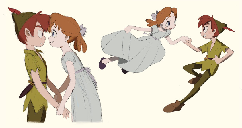 1boy, 1girl, blue_bow, blue_eyes, blue_nightgown, bow, brown_footwear, brown_hair