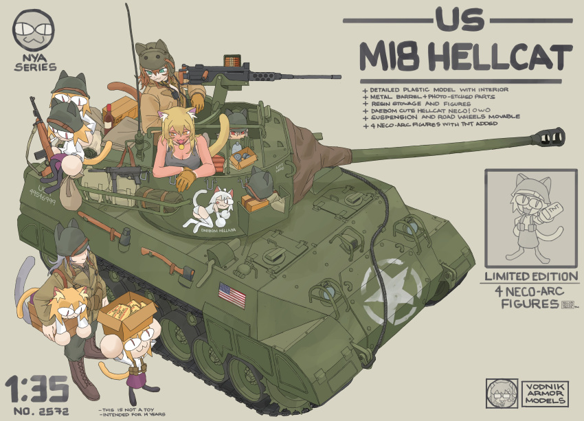 19vodnik, :3, absurdres, american_flag, animal_ears, axe, black_tank_top, blonde_hair