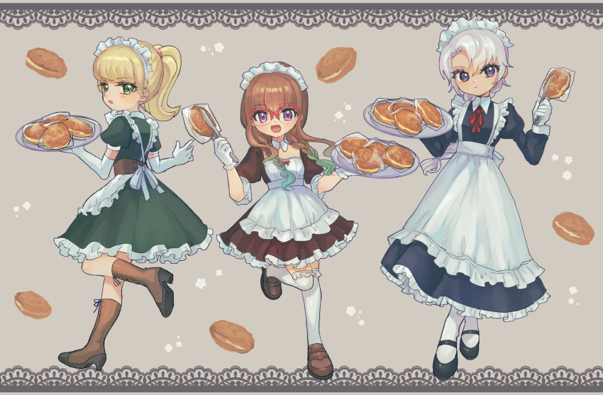 3girls, apron, blonde_hair, boots, brown_hair, curry_bread, glass, gloves