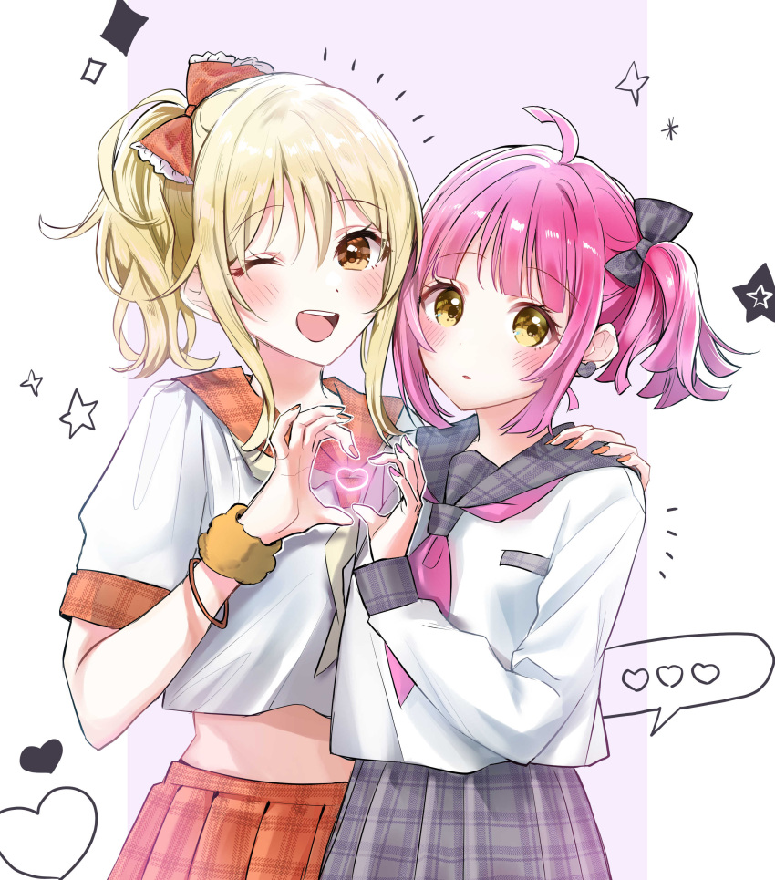 2girls, absurdres, ahoge, aki_m_m_a, black_bow, black_sailor_collar, black_skirt, blonde_hair