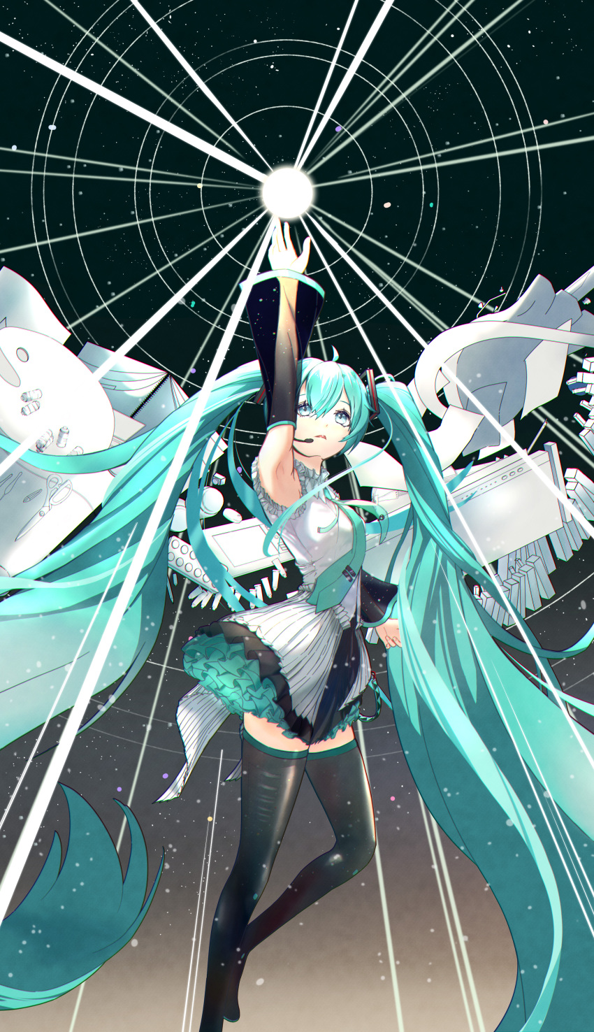 1girl, absurdly_long_hair, absurdres, ahoge, aqua_eyes, aqua_hair, aqua_necktie, arm_up, armpits, boots, detached_sleeves, dress, floating, floating_hair, frilled_skirt, frills, hair_between_eyes, hair_ornament, hatsune_miku, headset, highres, keika_(otsukare), layered_dress, long_hair, necktie, parted_lips, see-through, see-through_sleeves, skirt, solo, star_(sky), thigh_boots, twintails, very_long_hair, vocaloid, white_dress, zettai_ryouiki