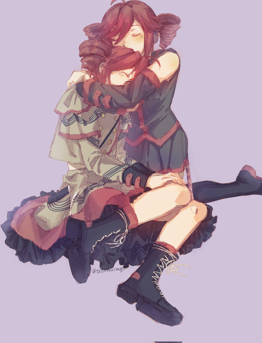 2girls, ahoge, arms_around_neck, black_footwear, black_shirt, black_skirt, blush, boots, buttons, circle_skirt, closed_eyes, commentary_request, corrupted_file, cross-laced_footwear, detached_sleeves, double-breasted, drill_hair, dual_persona, frilled_skirt, frills, grey_skirt, hair_between_eyes, hands_on_own_legs, headphones, highres, hug, invisible_chair, kasane_teto, kasane_teto_(sv), kneeling, layered_skirt, leaning_on_person, leaning_to_the_side, long_sleeves, midriff_peek, multiple_girls, musical_staff_print, pleated_skirt, purple_background, red_socks, redhead, setsugen_(tetosukimugi), shirt, short_hair, shoulder_strap, simple_background, sitting, skirt, sleeve_cuffs, sleeveless, sleeveless_shirt, socks, synthesizer_v, thigh_boots, twin_drills, twintails, twitter_username