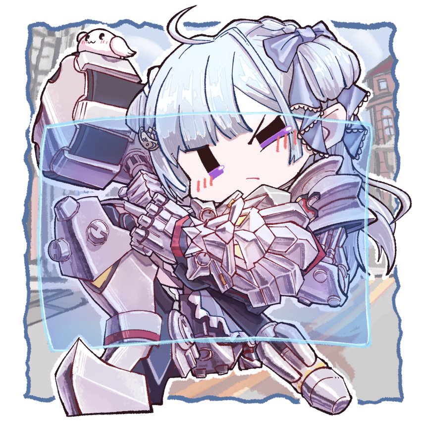 1girl, ahoge, amaui, armored_boots, blue_bow, blue_hair, blunt_bangs, blush
