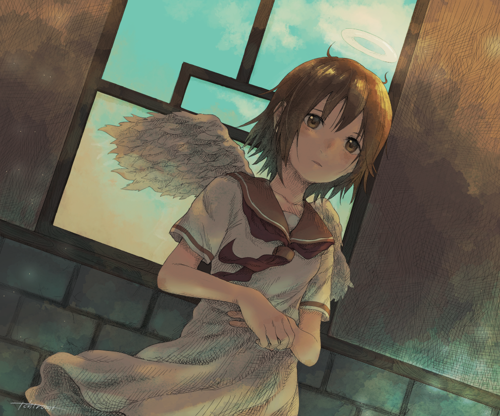 1girl, angel, angel_wings, brown_eyes, brown_hair, brown_neckerchief, brown_sailor_collar, commentary