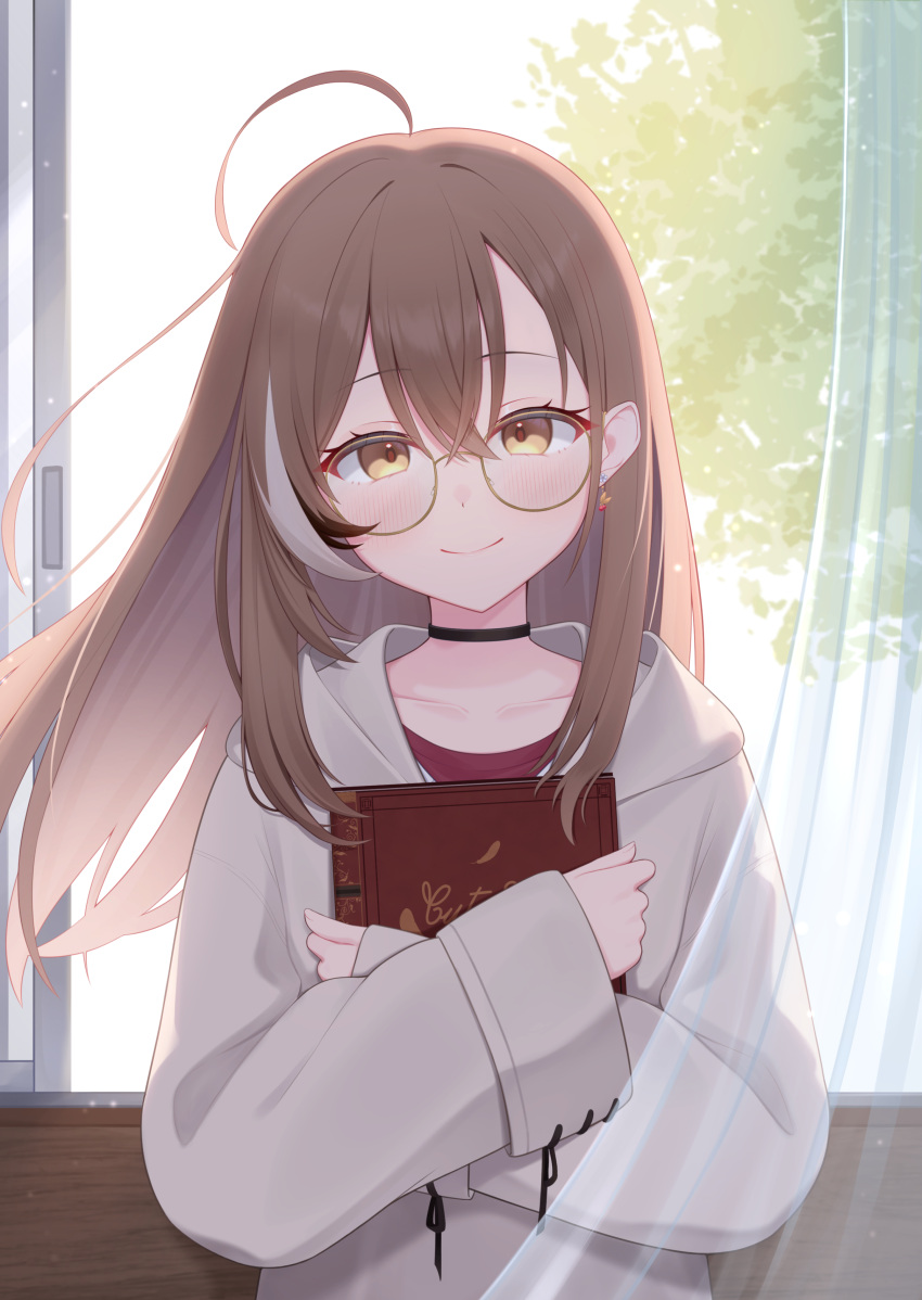 1girl, absurdres, against_wall, ahoge, backlighting, book, brown-framed_eyewear, brown_eyes