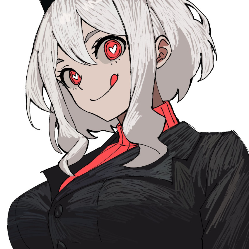 1girl, black_horns, black_jacket, demon, demon_girl, demon_horns, heart, heart-shaped_pupils